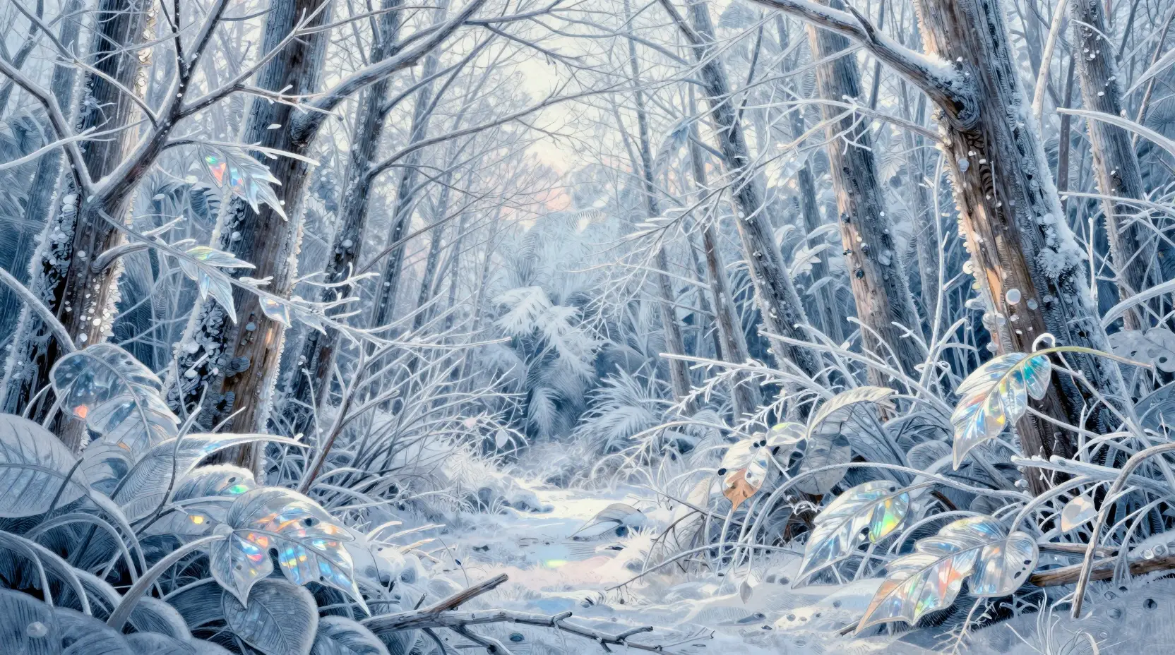 Enchanted winter forest encased in shimmering crystalline ice