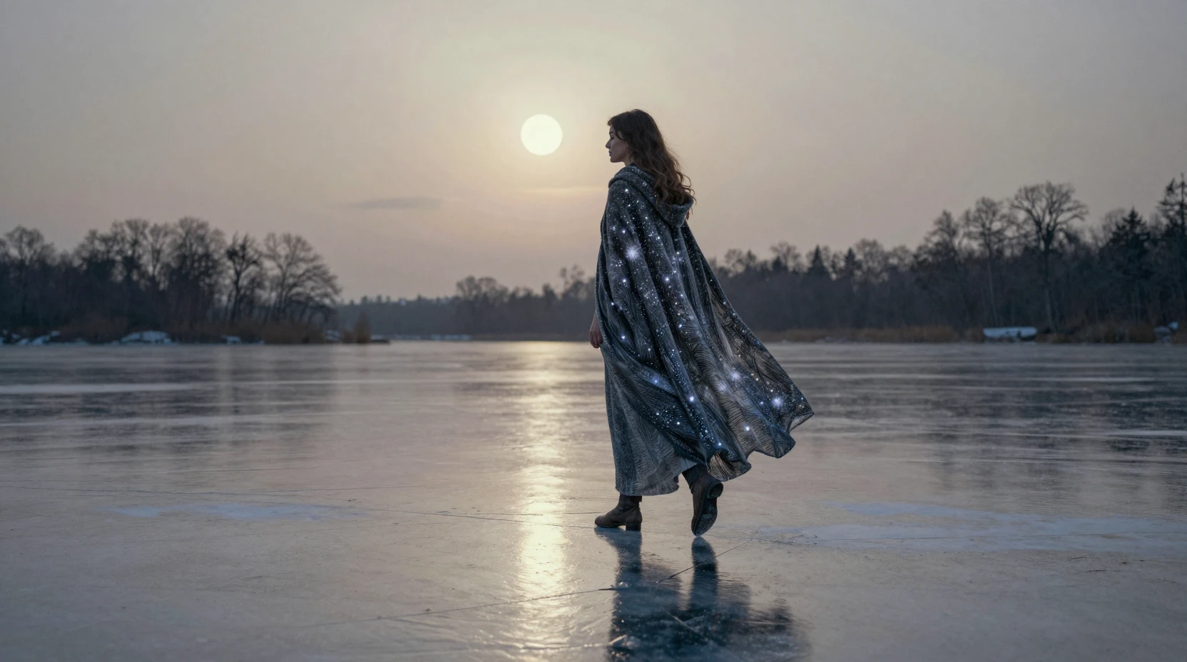 Woman in starlit cloak walking across a frozen lake
