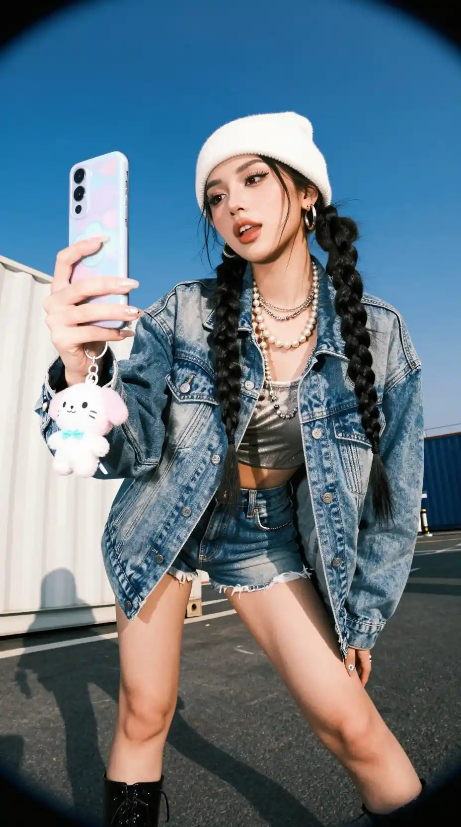Low angle street portrait of stylish woman in denim