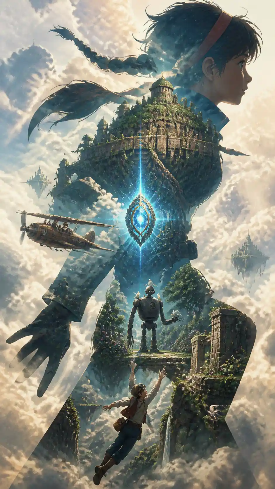 Silhouette portal revealing a floating fortress in the sky