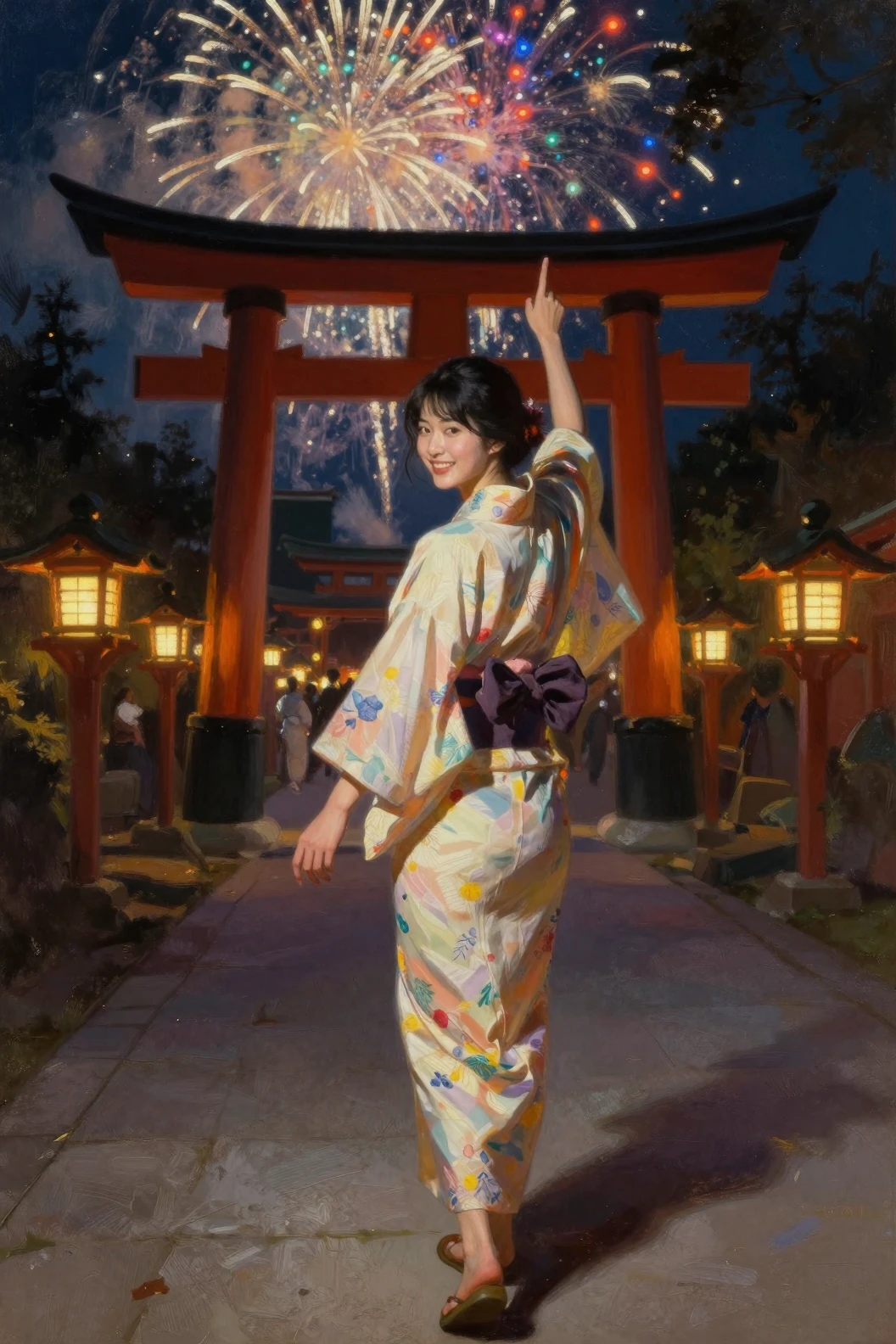 Joven con yukata en un sendero de santuario iluminado por faroles