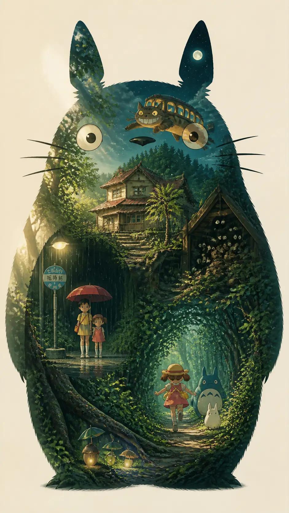 Totoro silhouette filled with nostalgic rural countryside scenes
