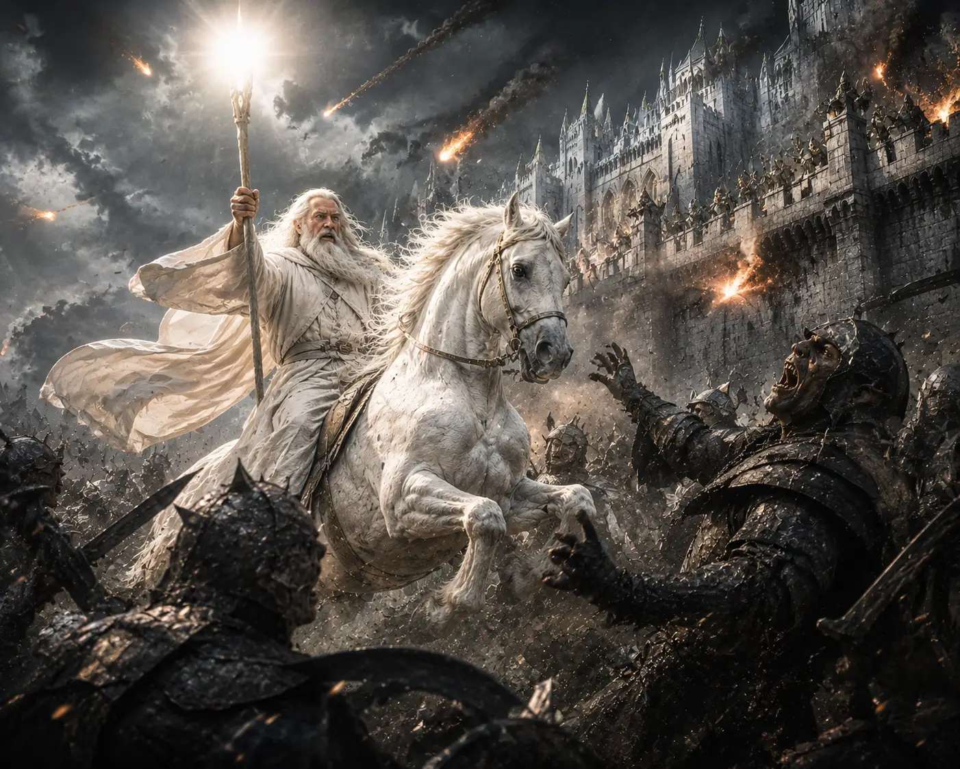 White wizard charging through an orc army on horseback