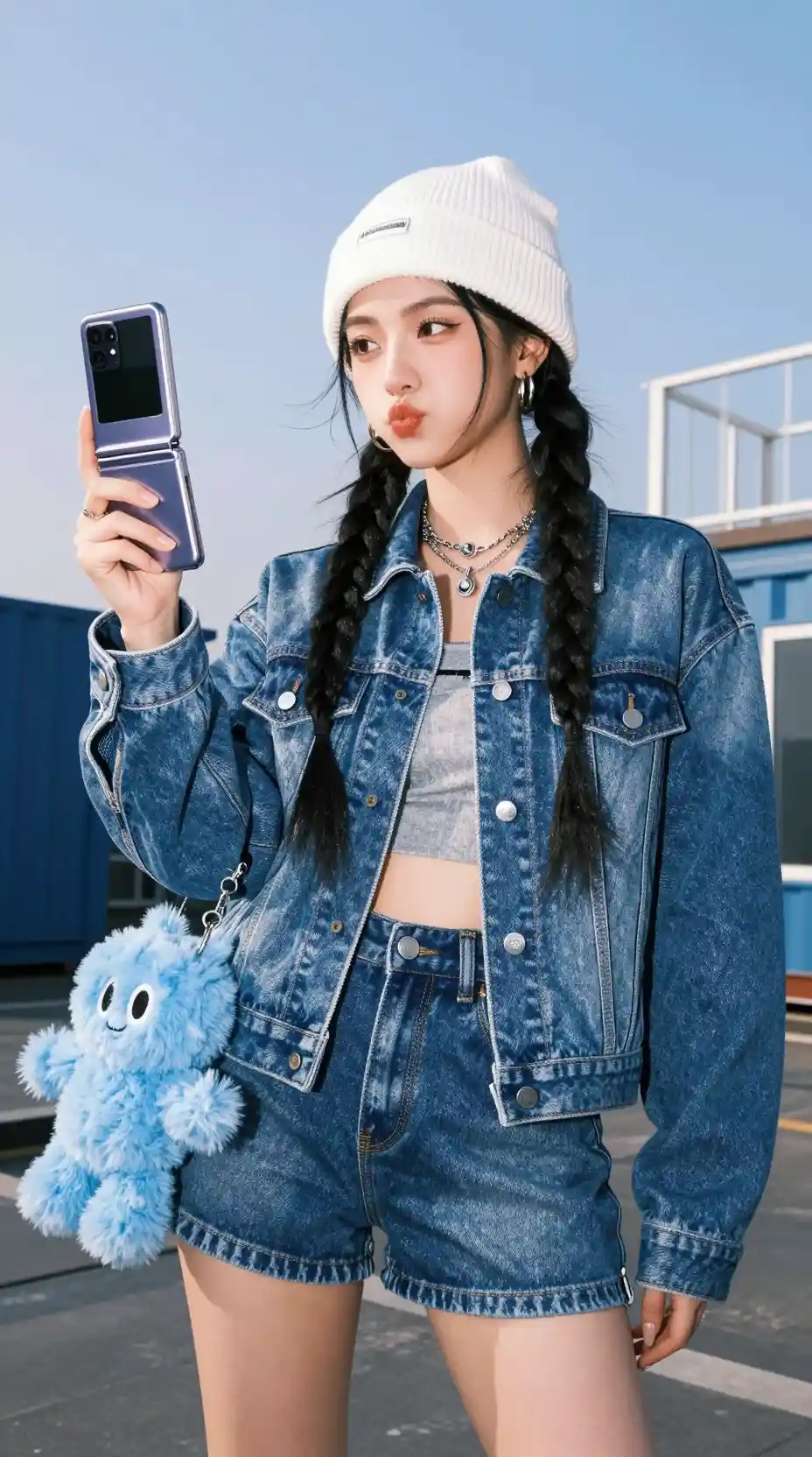 Y2K fashion woman on urban rooftop with flip phone