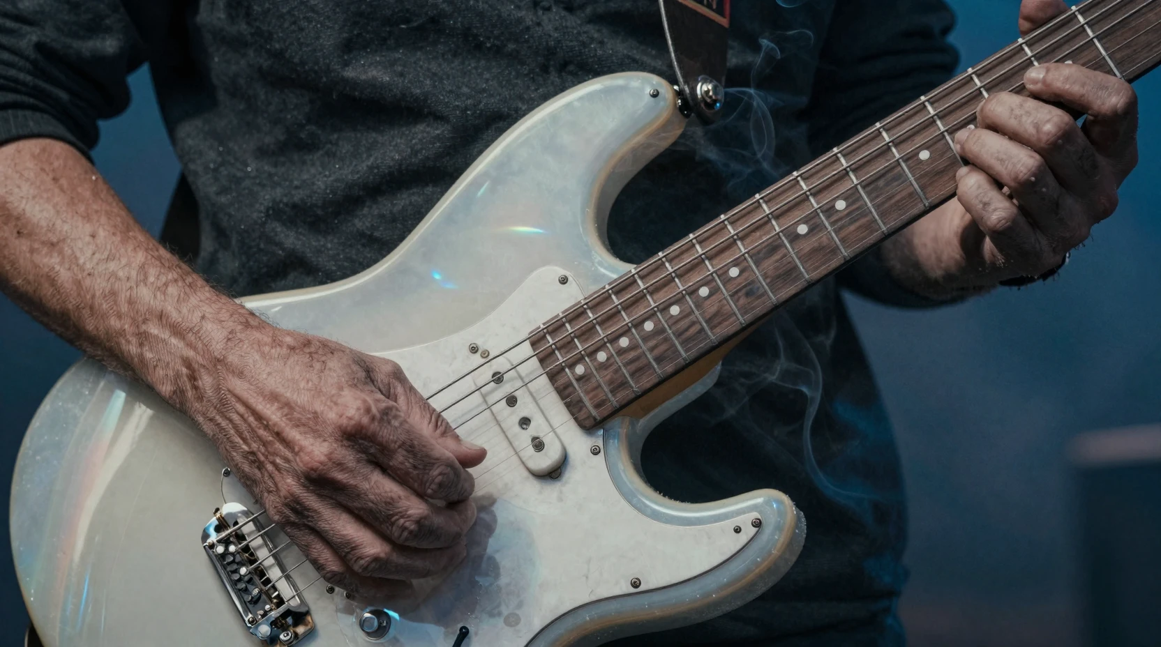 Weathered hands playing a translucent electric guitar close up
