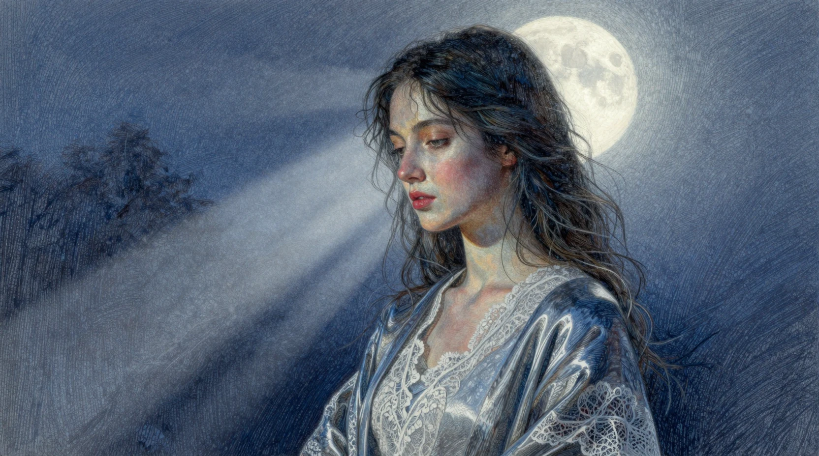 Serene woman in moonlight with layered silk and lace