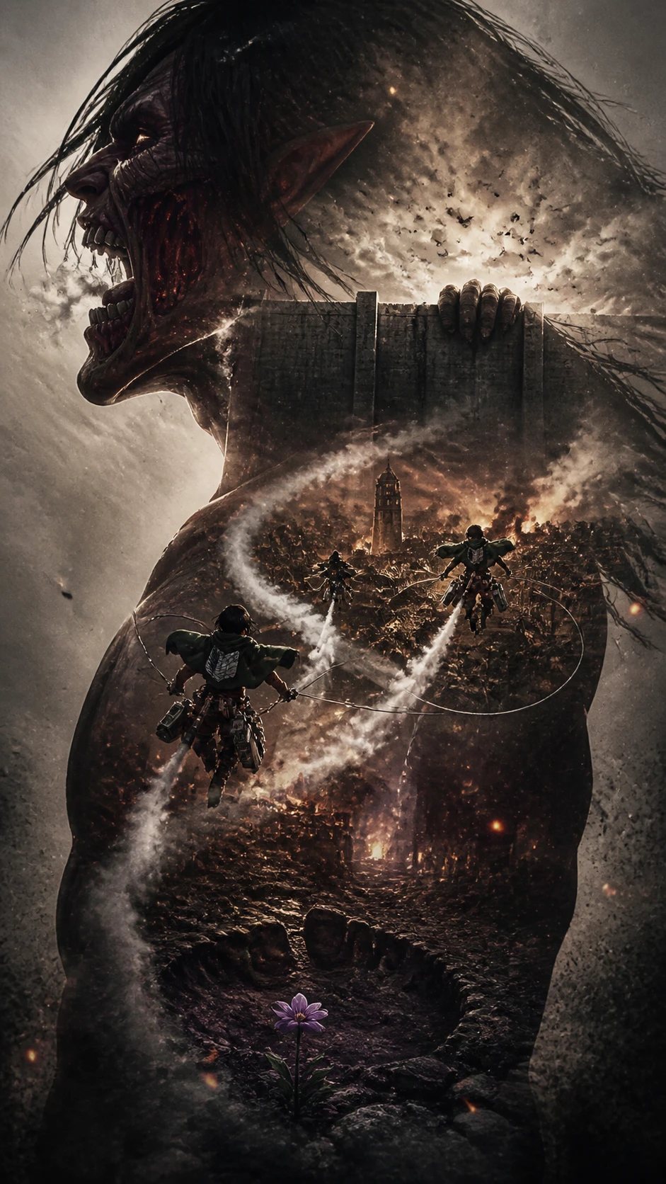 Colossal titan silhouette framing a burning walled city