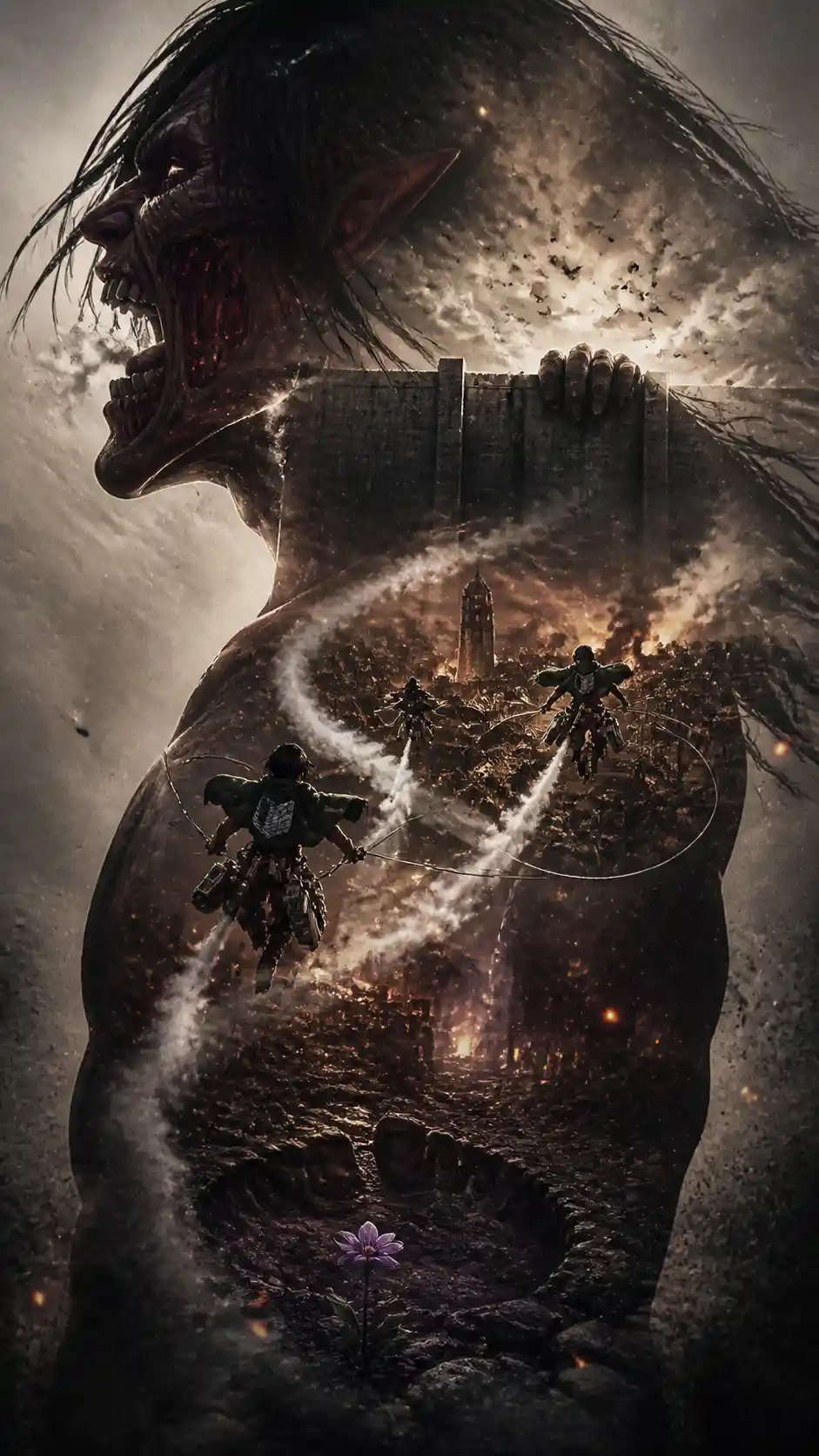 Colossal titan silhouette framing a burning walled city