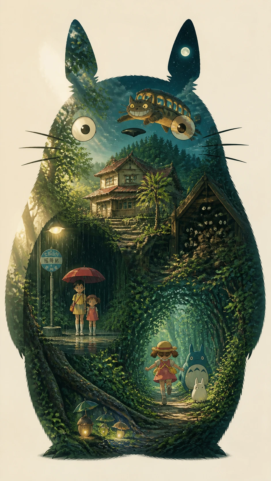 Silueta de Totoro rellena de escenas nostálgicas del campo