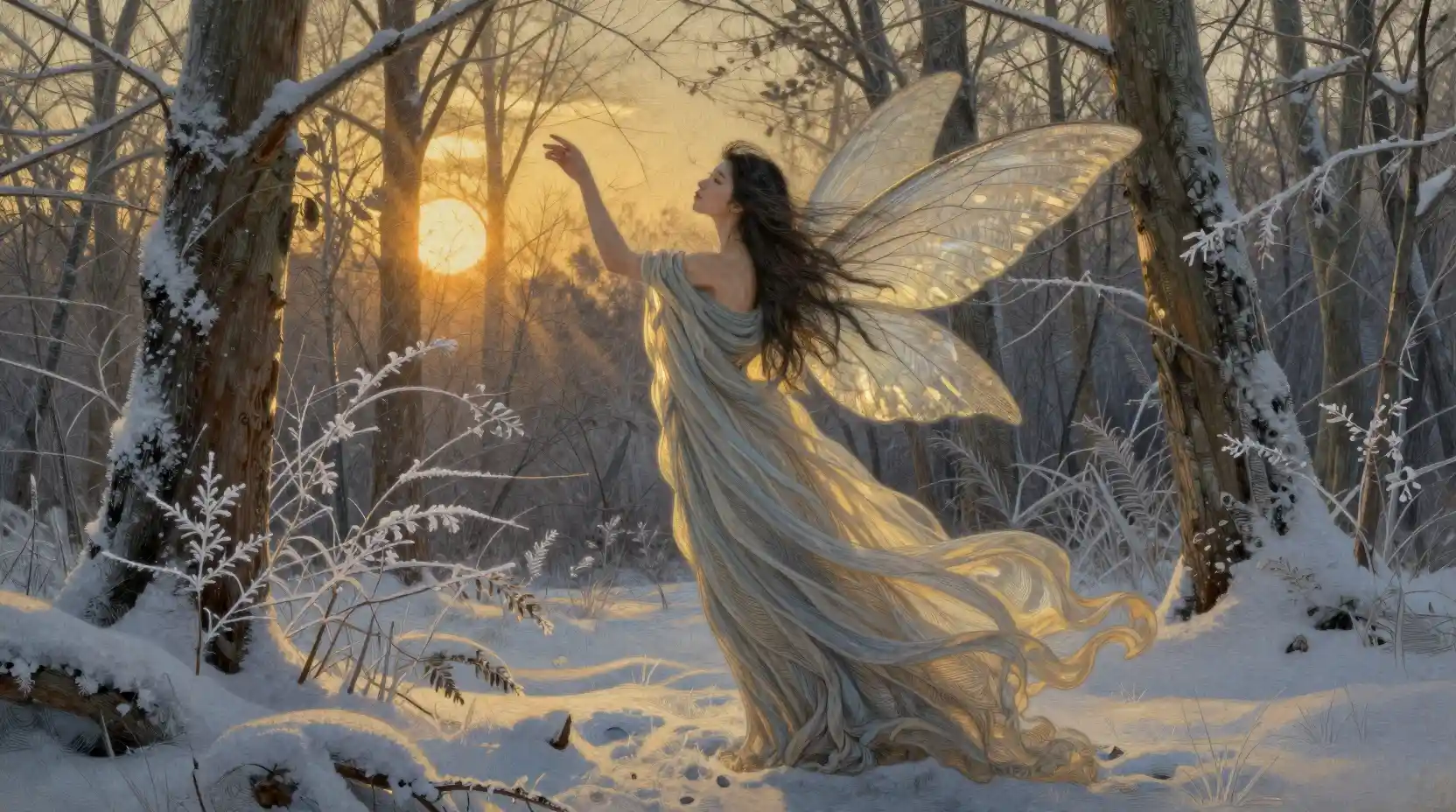 Donna spirito eterea che fluttua in una serena foresta invernale
