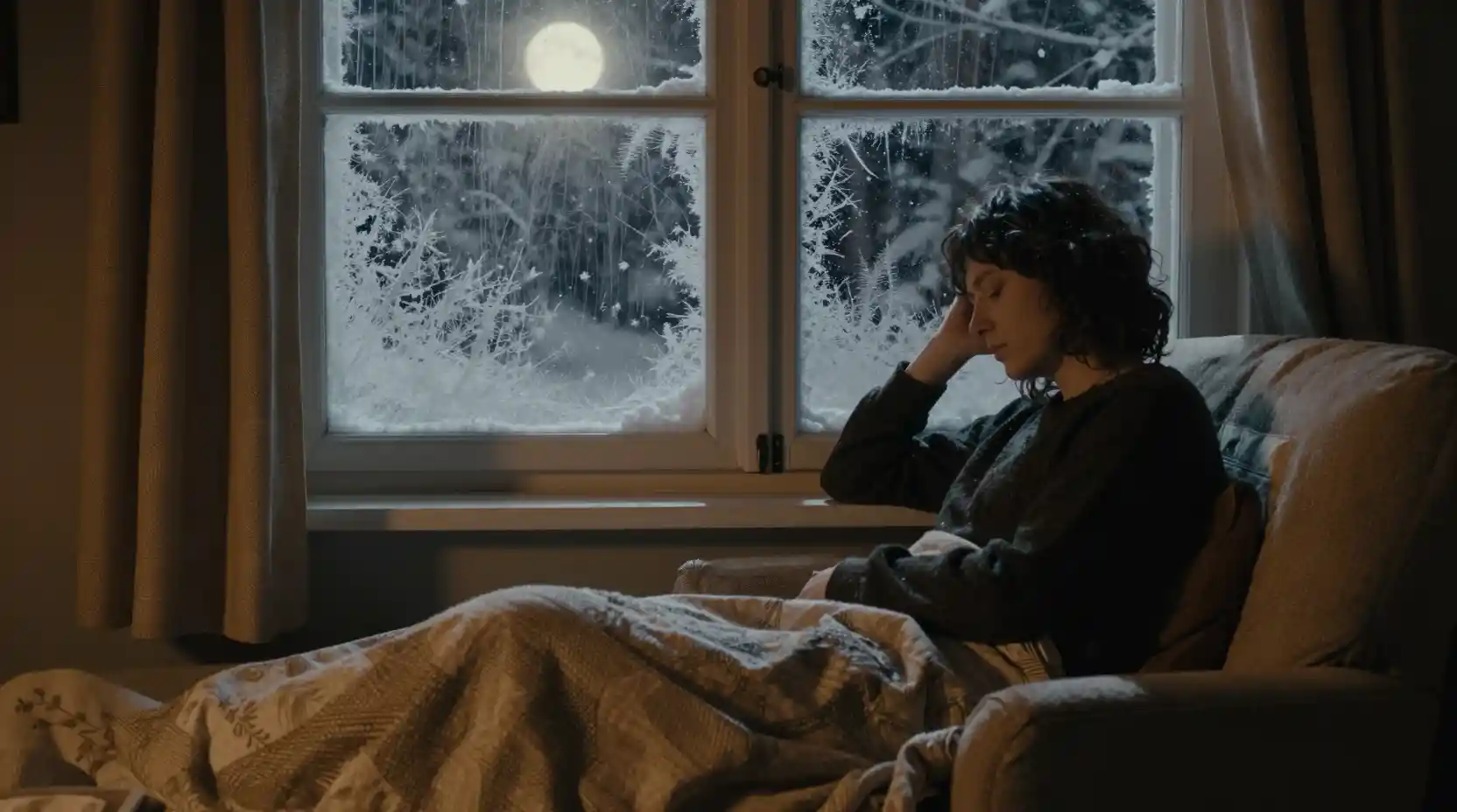 Contemplative figure by a large window on winter night