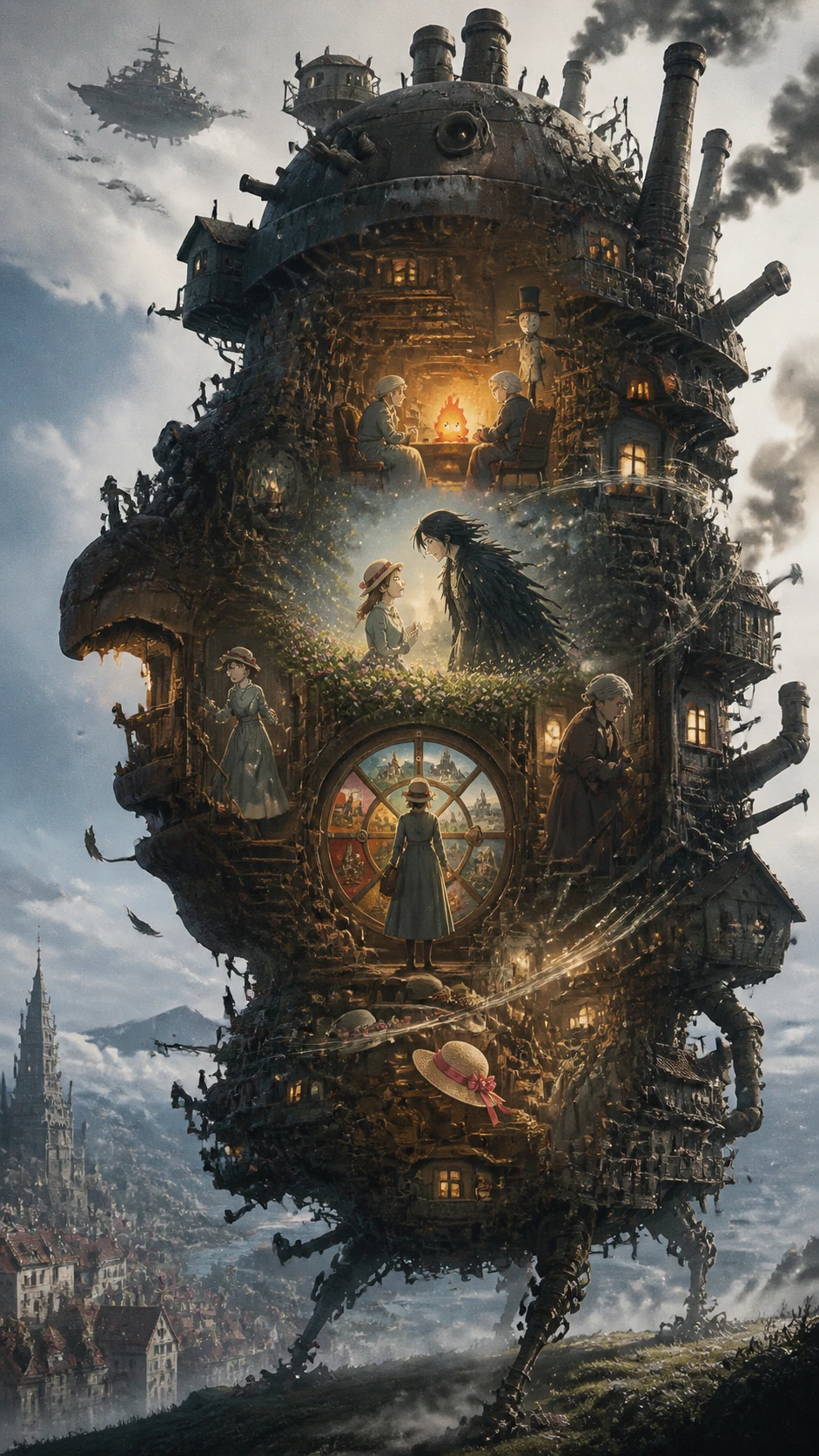 Giant moving castle silhouette filled with inner steampunk world