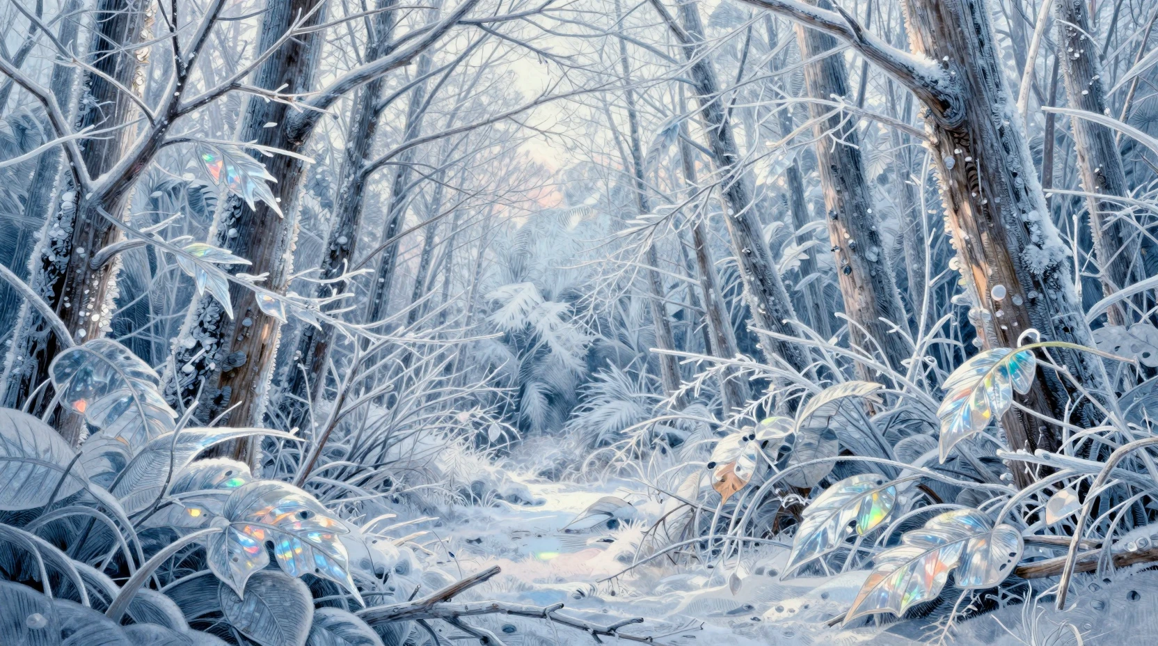 Enchanted winter forest encased in shimmering crystalline ice