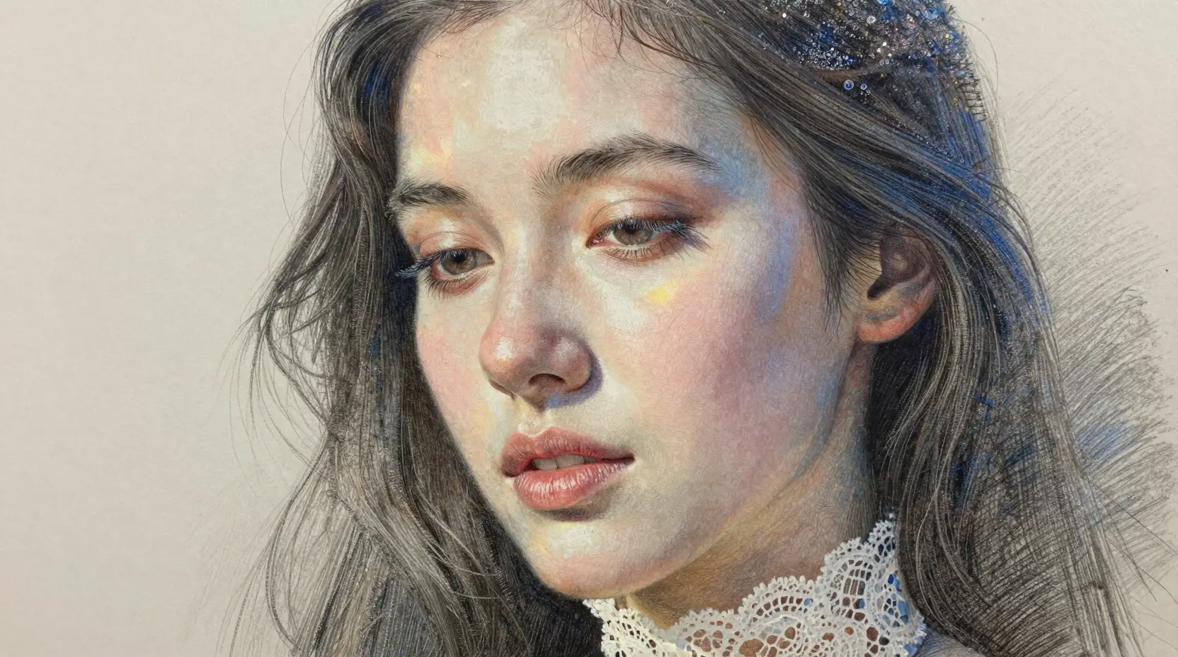 Close up portrait of a frosted woman in prismatic light