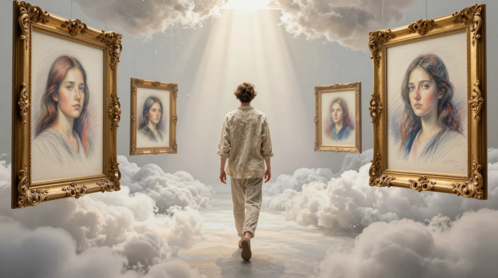 Man walking through surreal cloud gallery of floating portraits