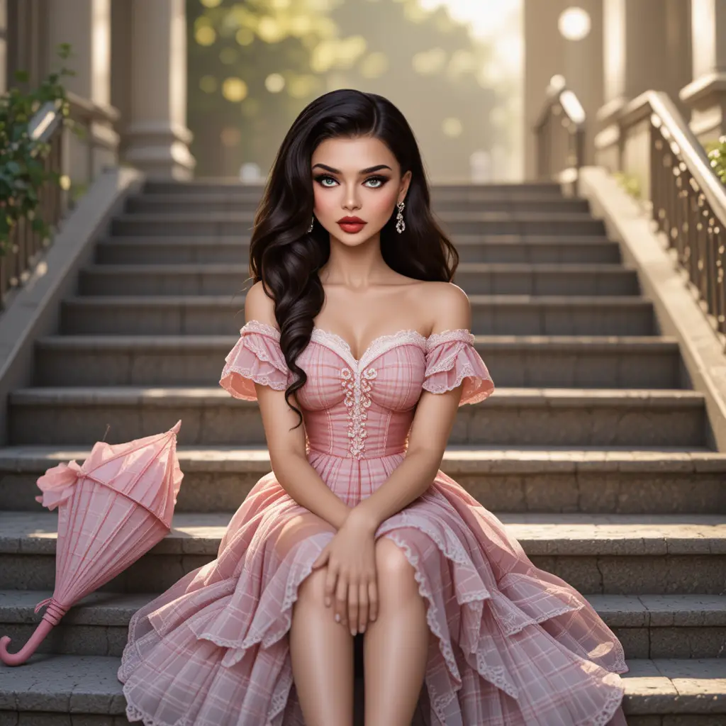 Young woman in plaid dress sitting on outdoor steps