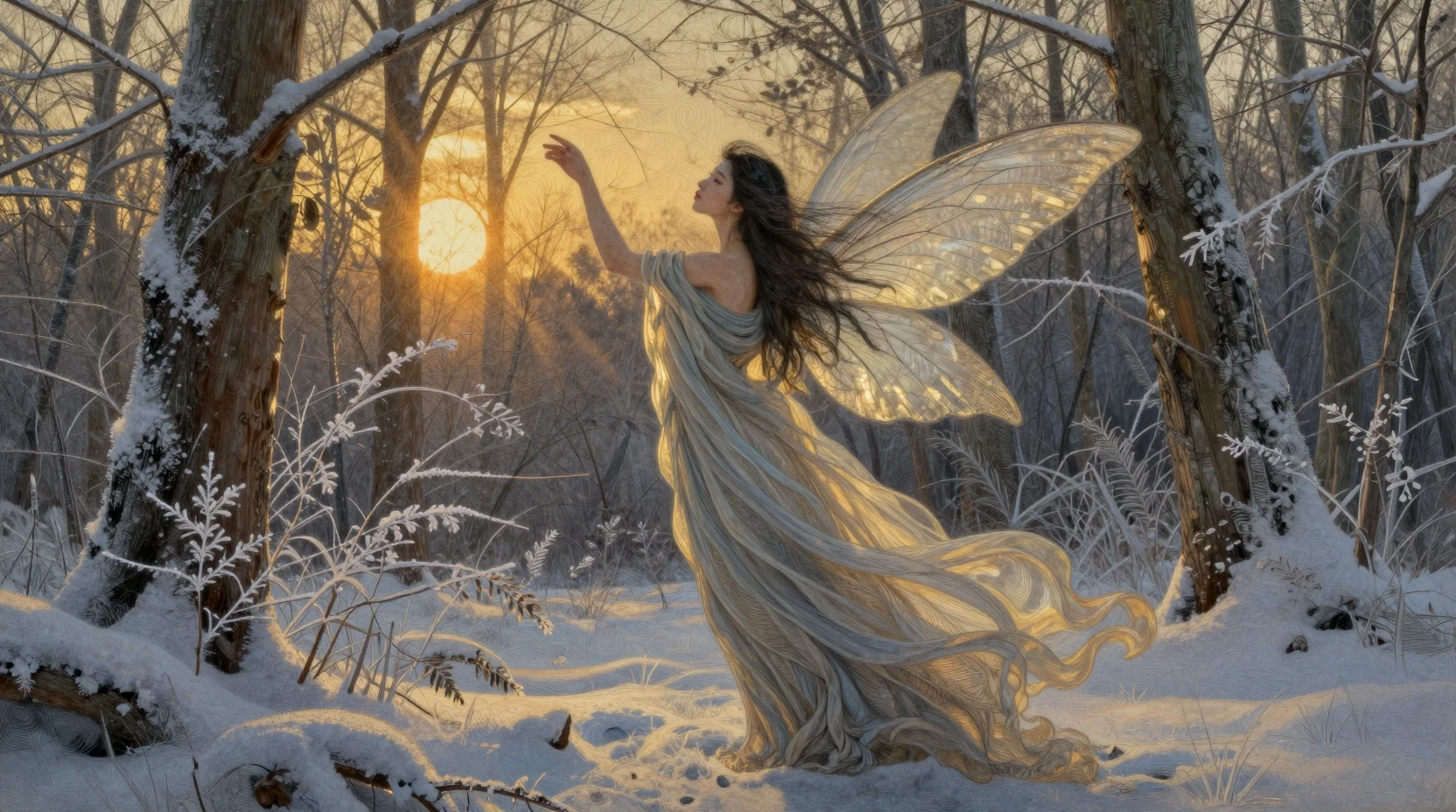 Ethereal spirit woman drifting through a serene winter forest