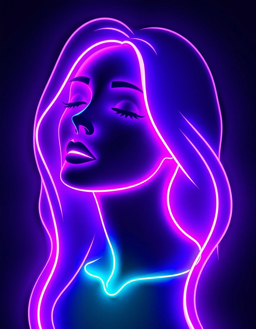 Abstract neon papercraft portrait of a swirling female figure