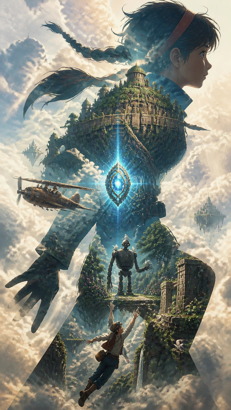 Silhouette portal revealing a floating fortress in the sky