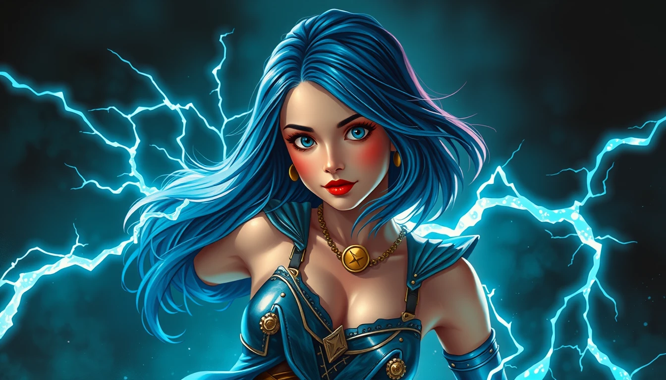 Blue haired female warrior charging through futuristic shadows