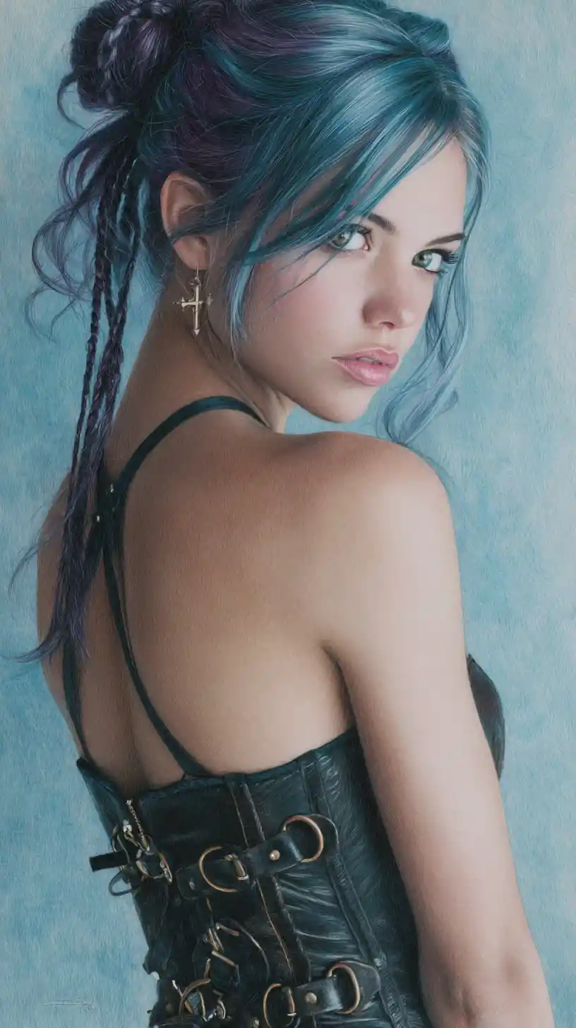 Mysterious anime woman in corset looking over shoulder