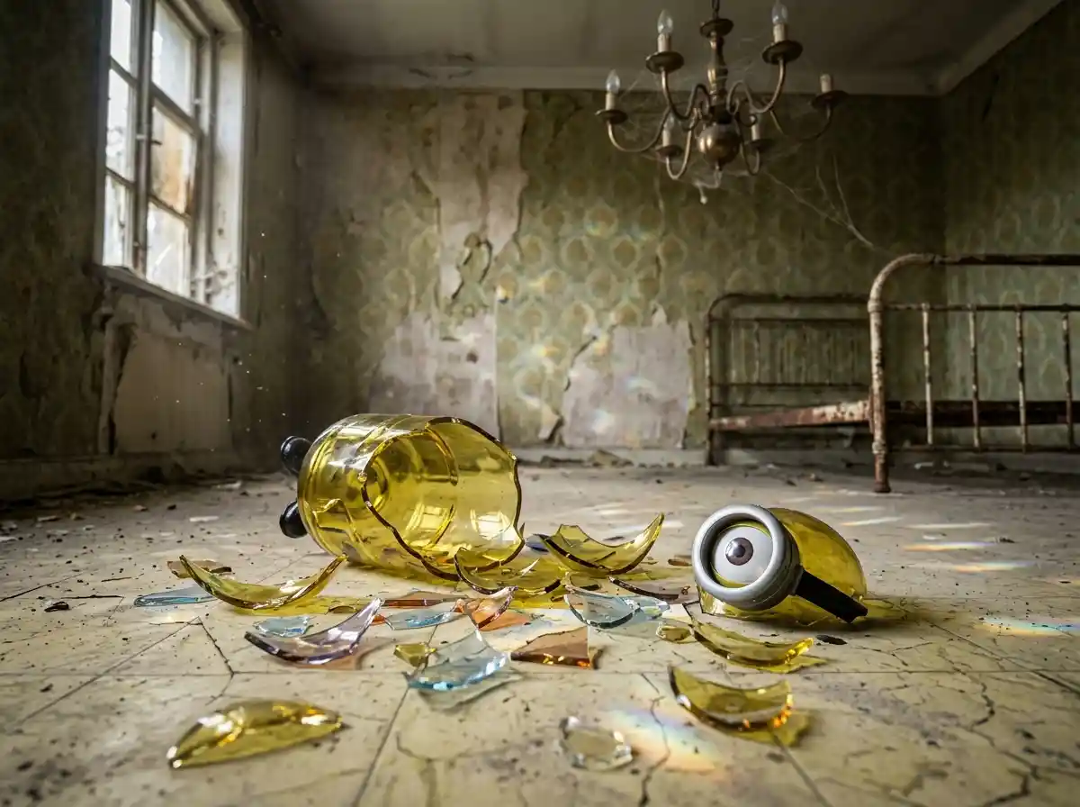 Shattered glass toy fragments on a decaying hotel floor