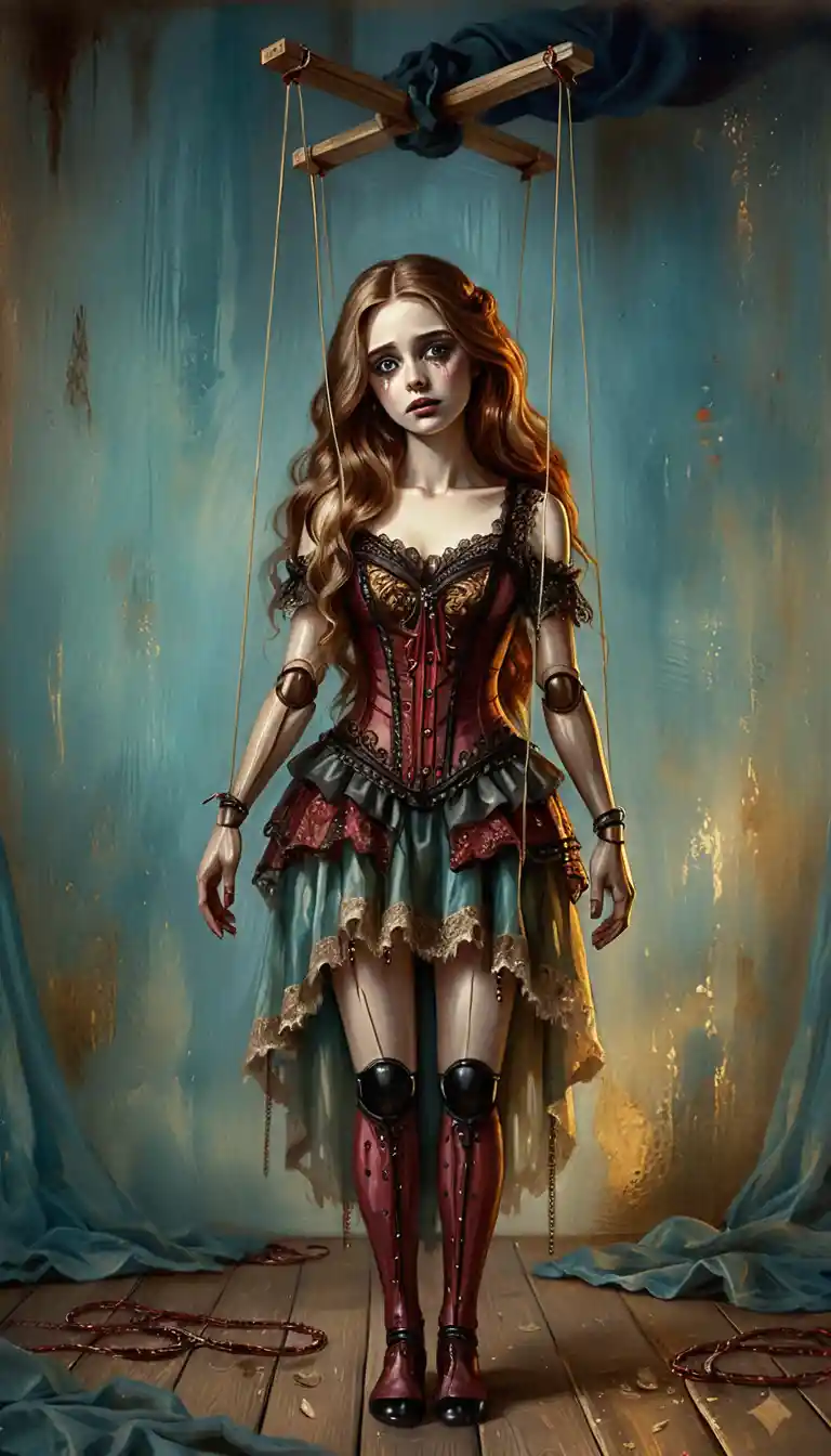 Marionette woman with wooden joints and painted tears