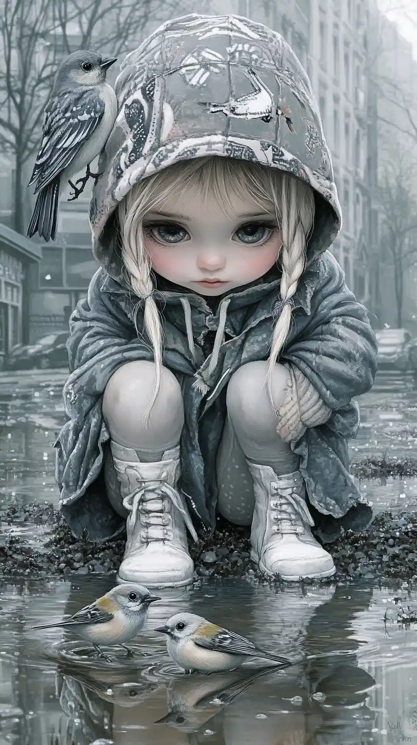 Young girl watching sparrows by a city puddle