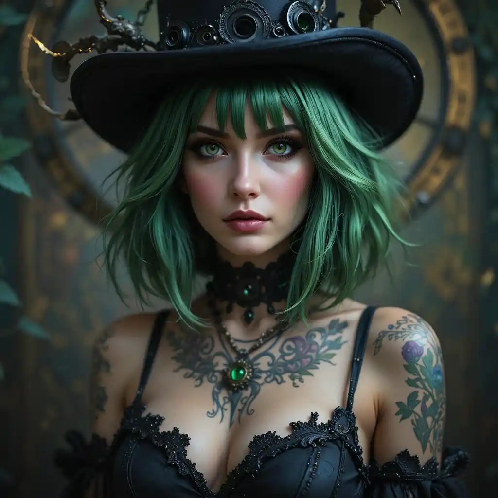 Whimsigoth woman with green eyes and jester makeup