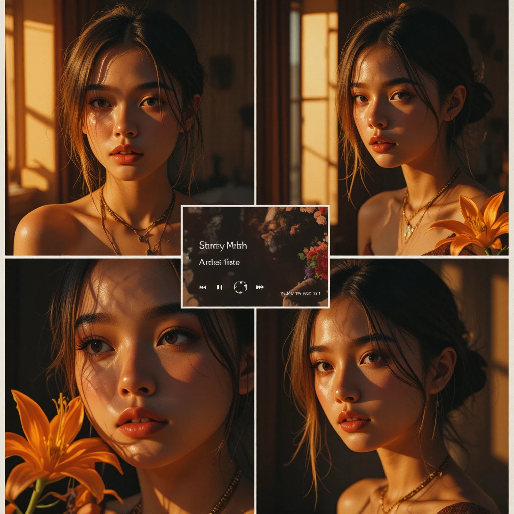 Cinematic collage of a young girl in warm flash lighting
