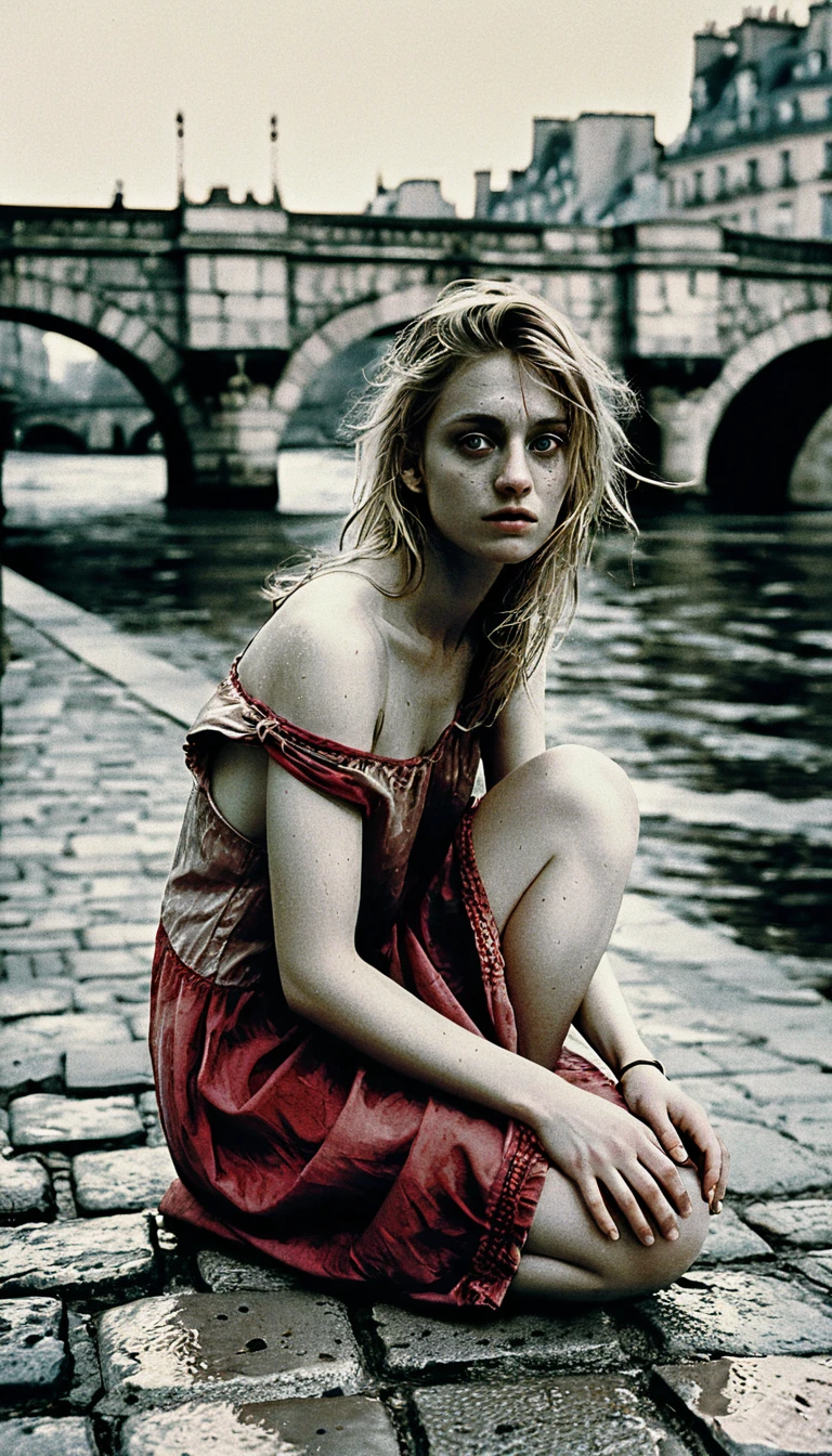 Young woman in red dress by the Seine in sorrow