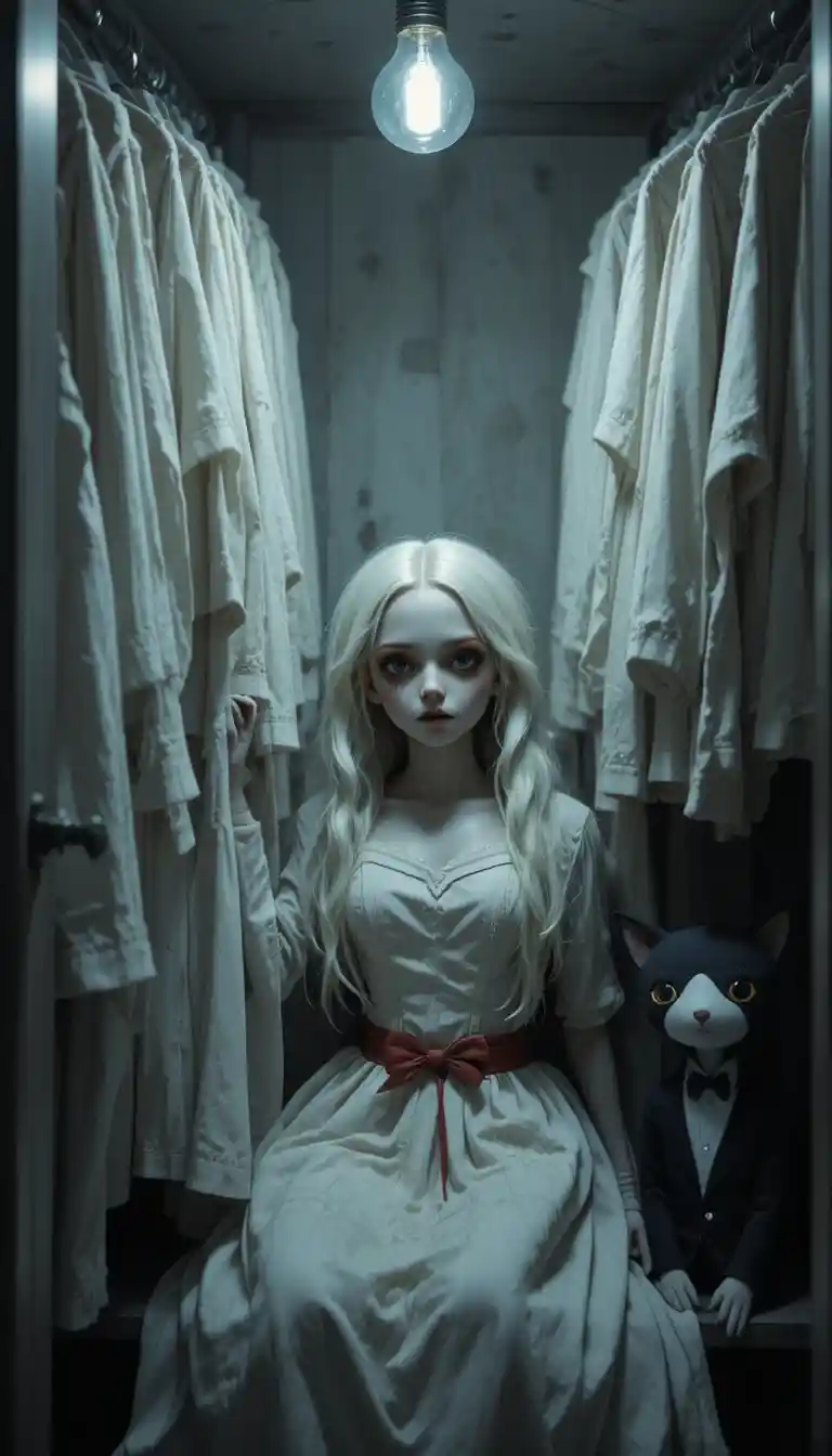 Spooky porcelain doll hiding in a dimly lit closet corner