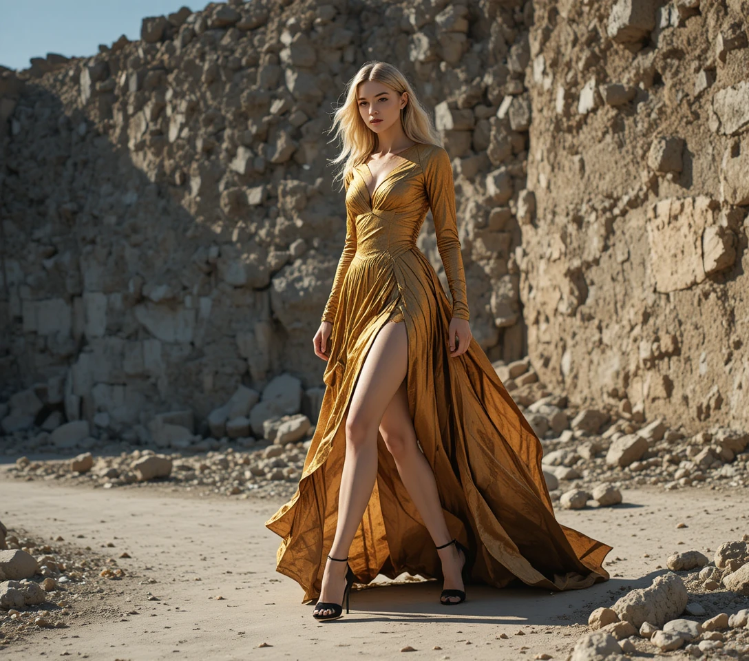 Confident blonde model in gold mini dress on rocky runway