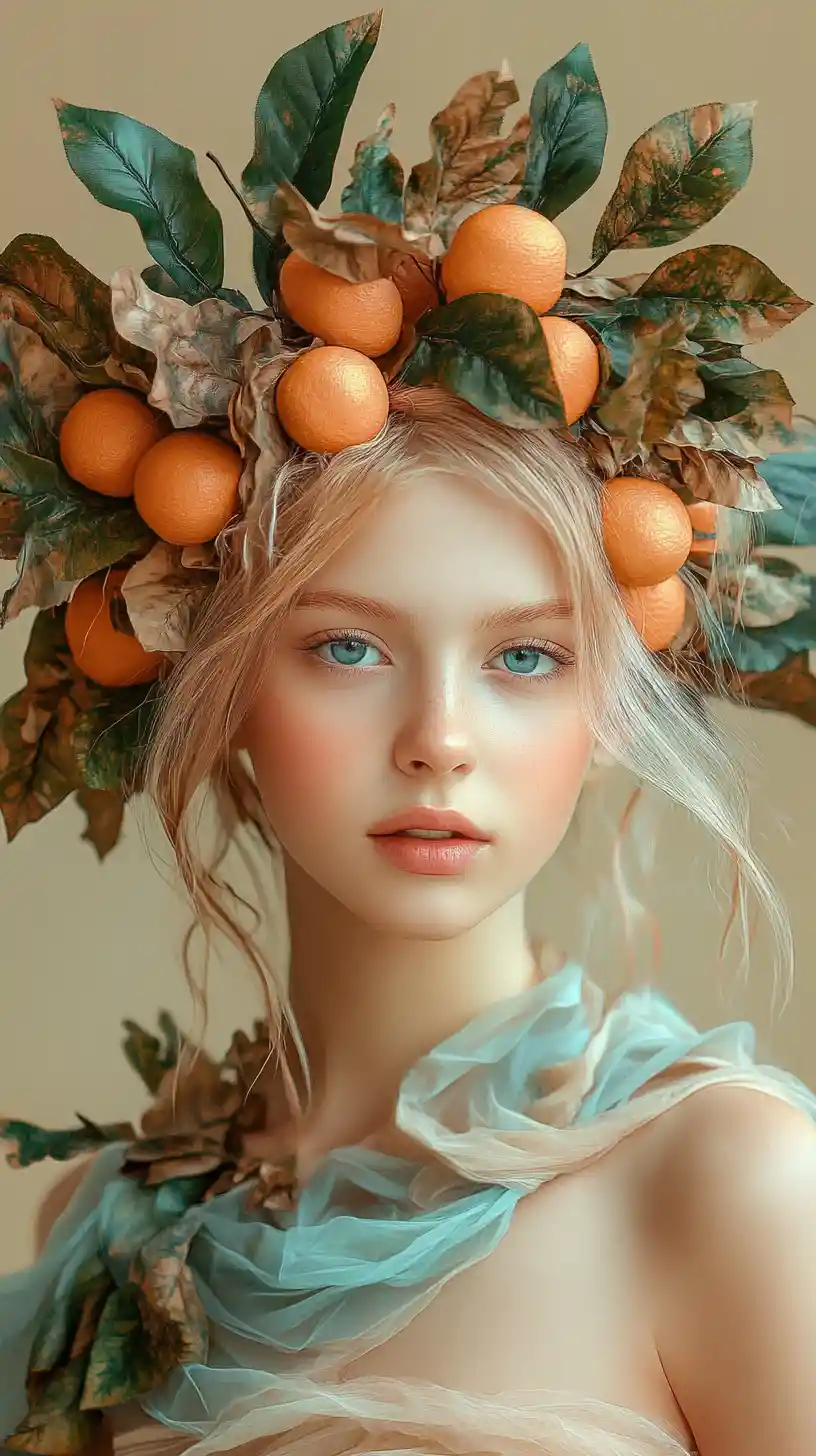 Ethereal woman crowned with leaves and tangerine like fruits