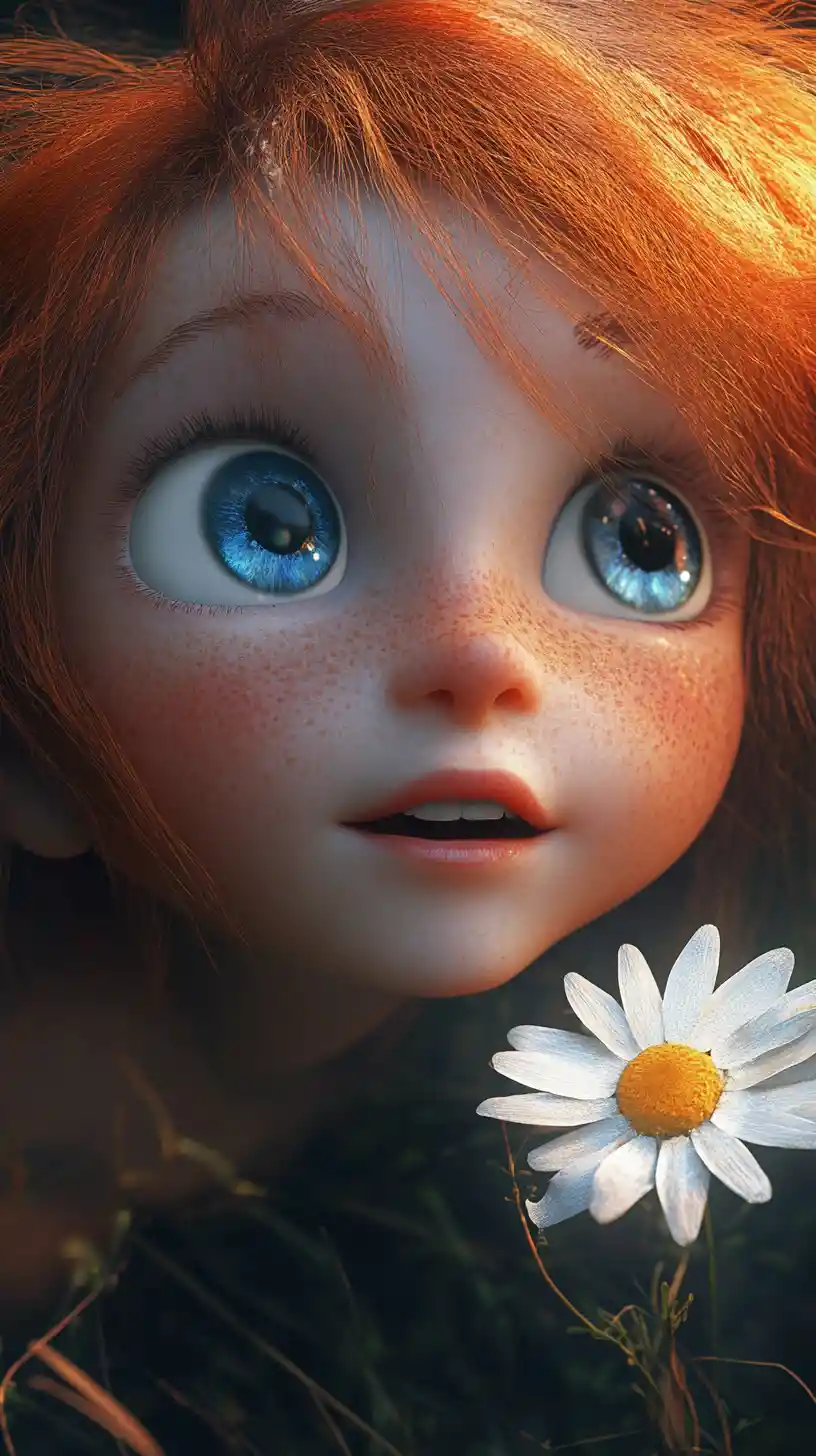 Freckled girl with glowing blue eyes holding a daisy