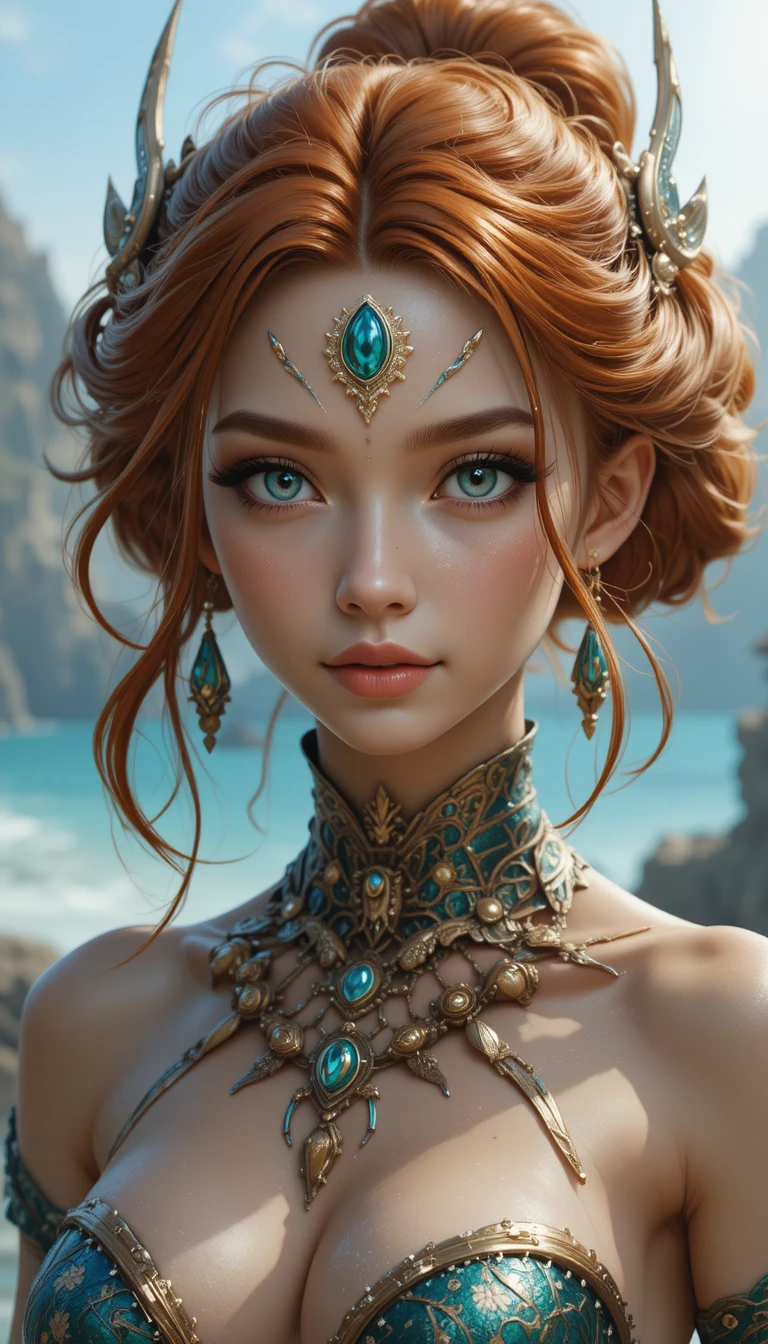 Mature mermaid woman with dark auburn hair and turquoise eyes