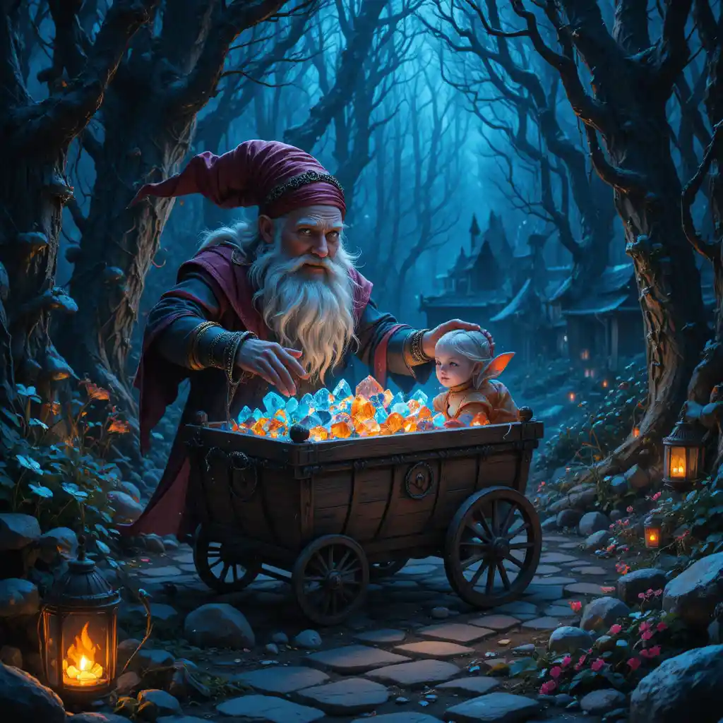 Old goblin pulling a cart through an enchanted forest