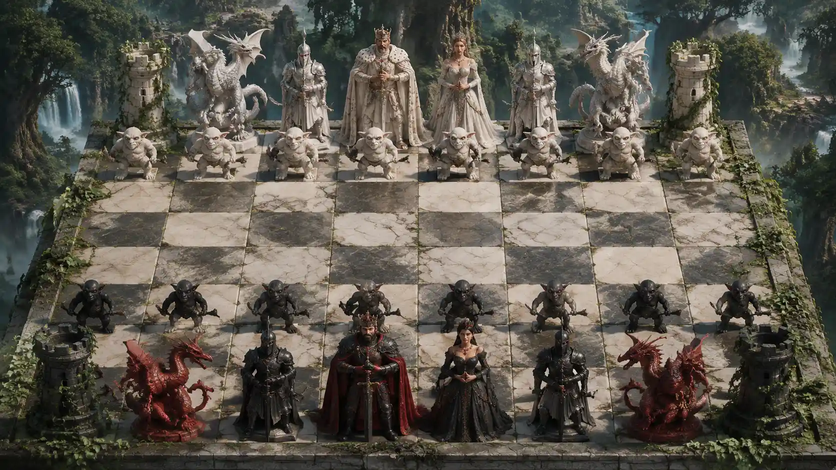 Surreal stone chessboard in a mystical forest clearing