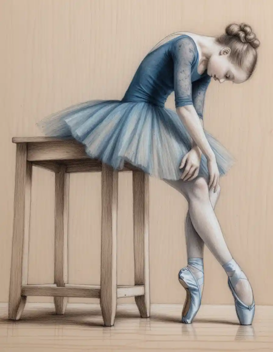 Ballerina seated on stool in blue tutu colored pencil drawing