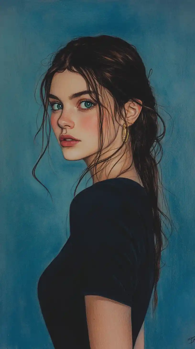 Dark haired anime woman looking back over shoulder