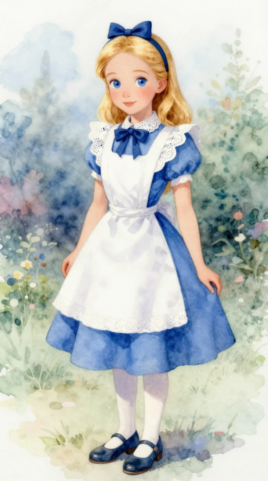 Whimsical portrait of a young girl in blue and white