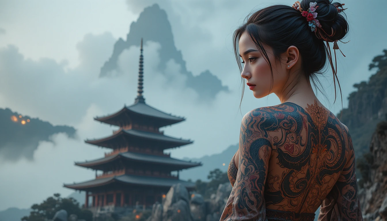 Japanese woman with dragon tattoo before fiery temple