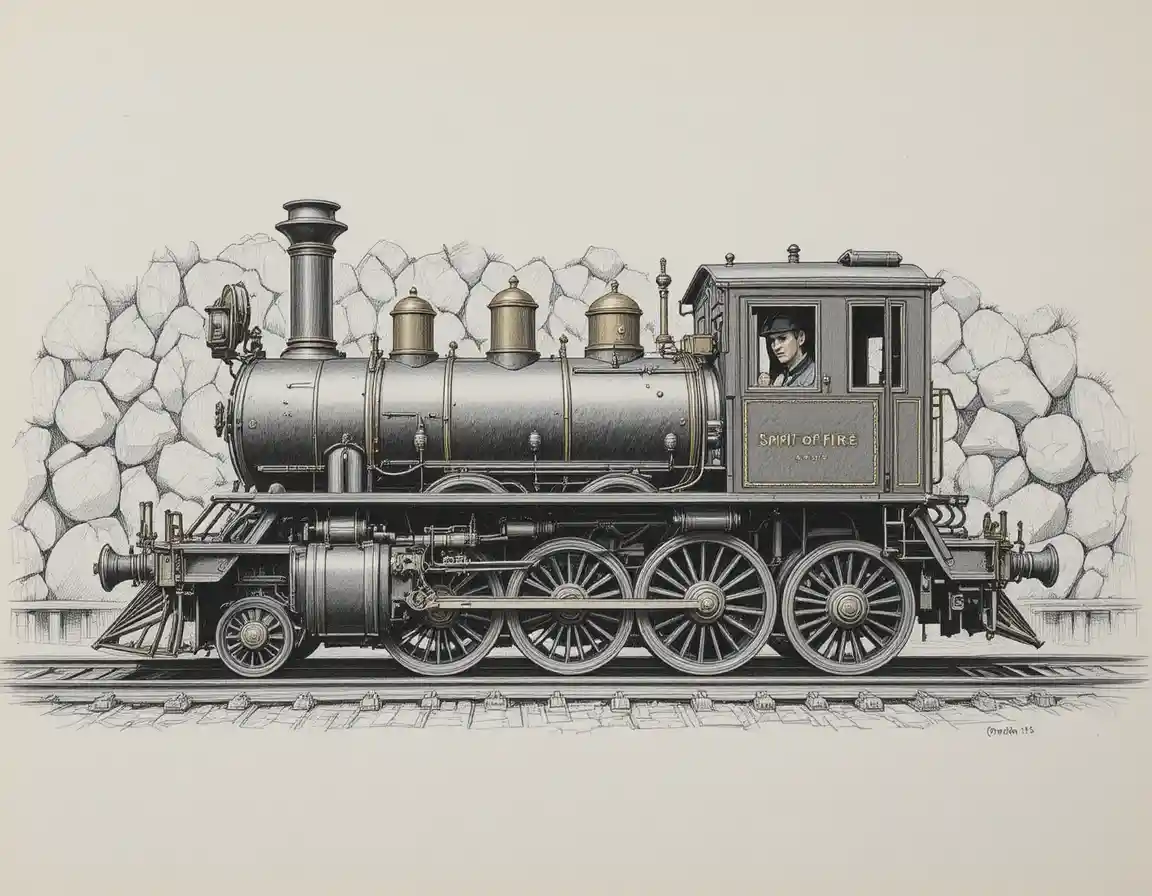 Vintage steam locomotive on tracks before a rocky wall