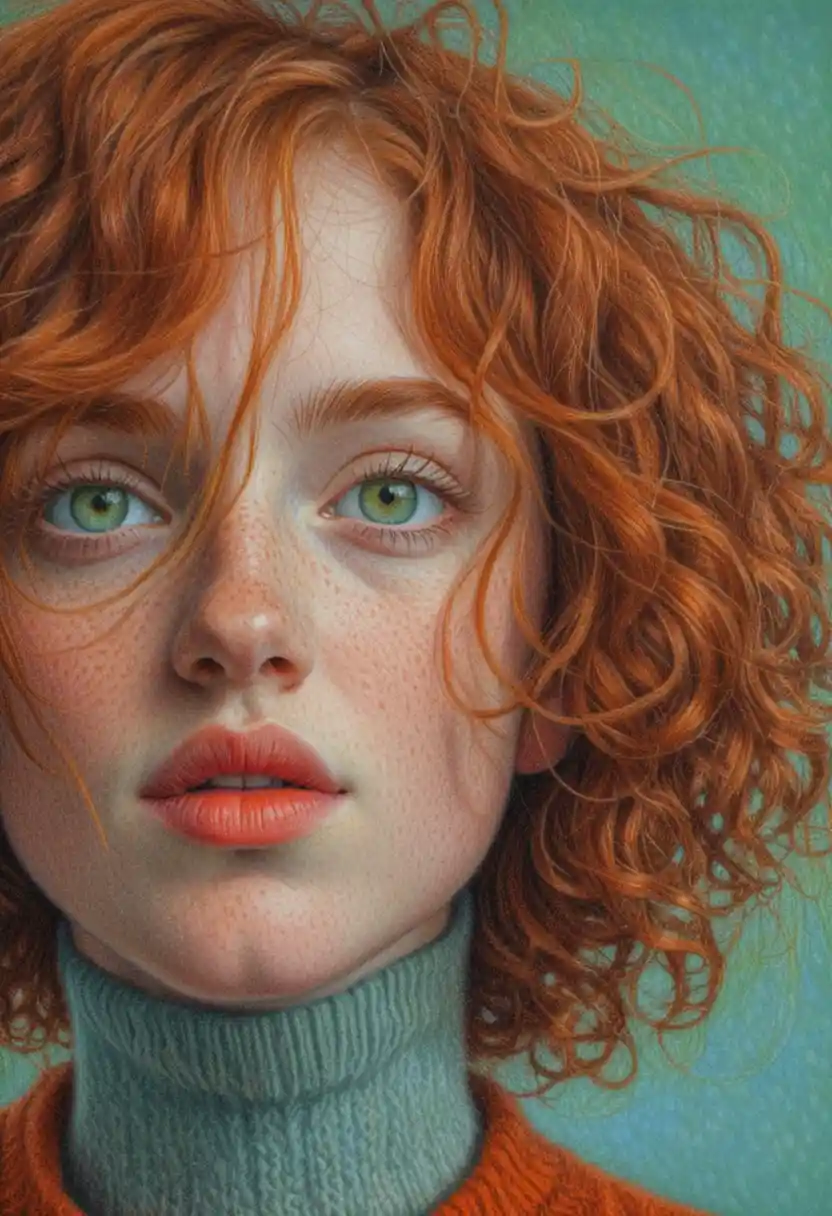 Freckled girl with curly auburn hair pencil portrait