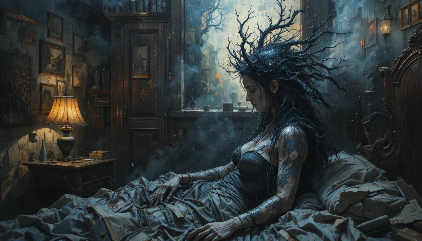 Haunting ghostly figure advancing in a dark bedroom