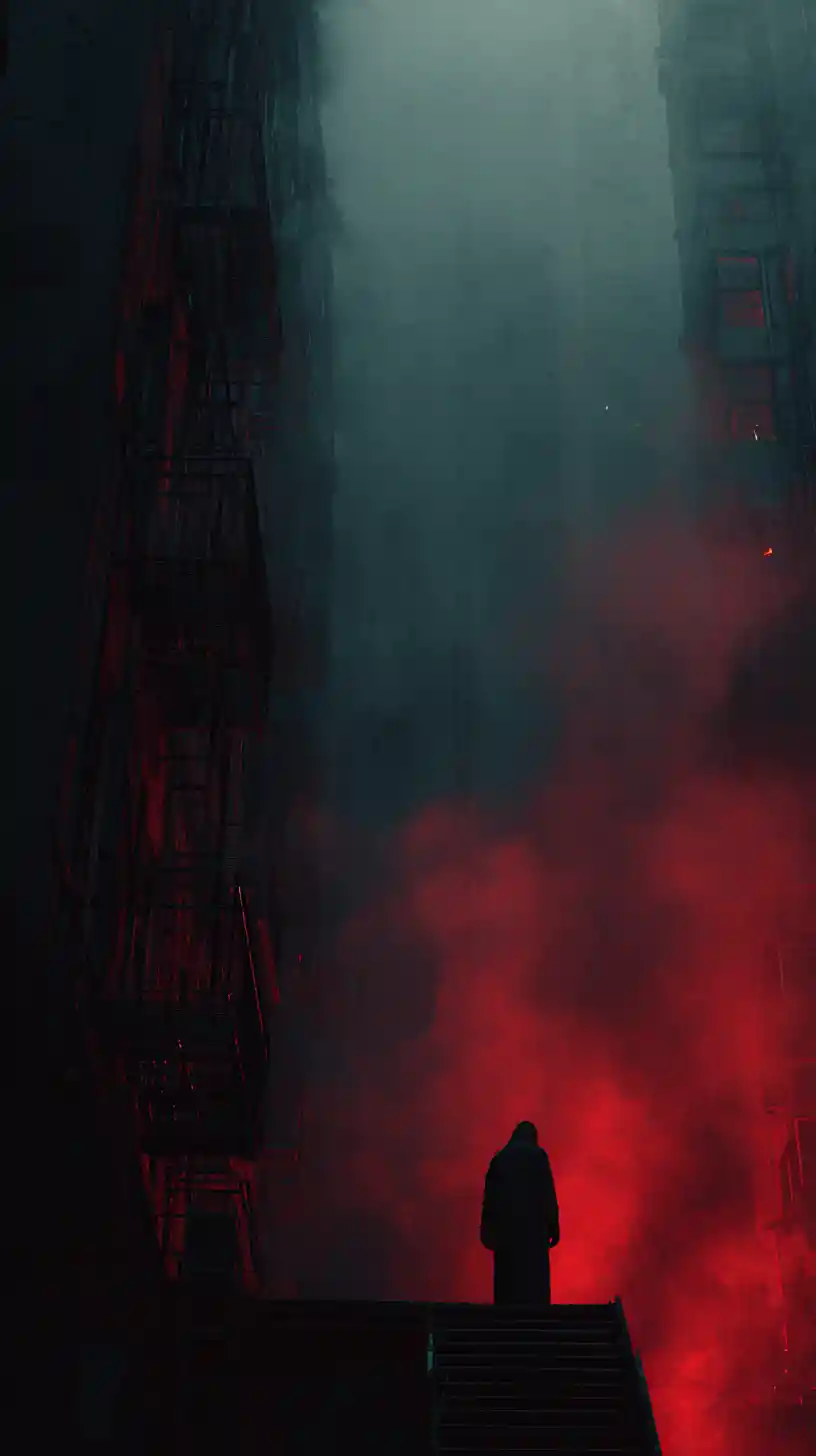 Determined figure standing in a sunless city street