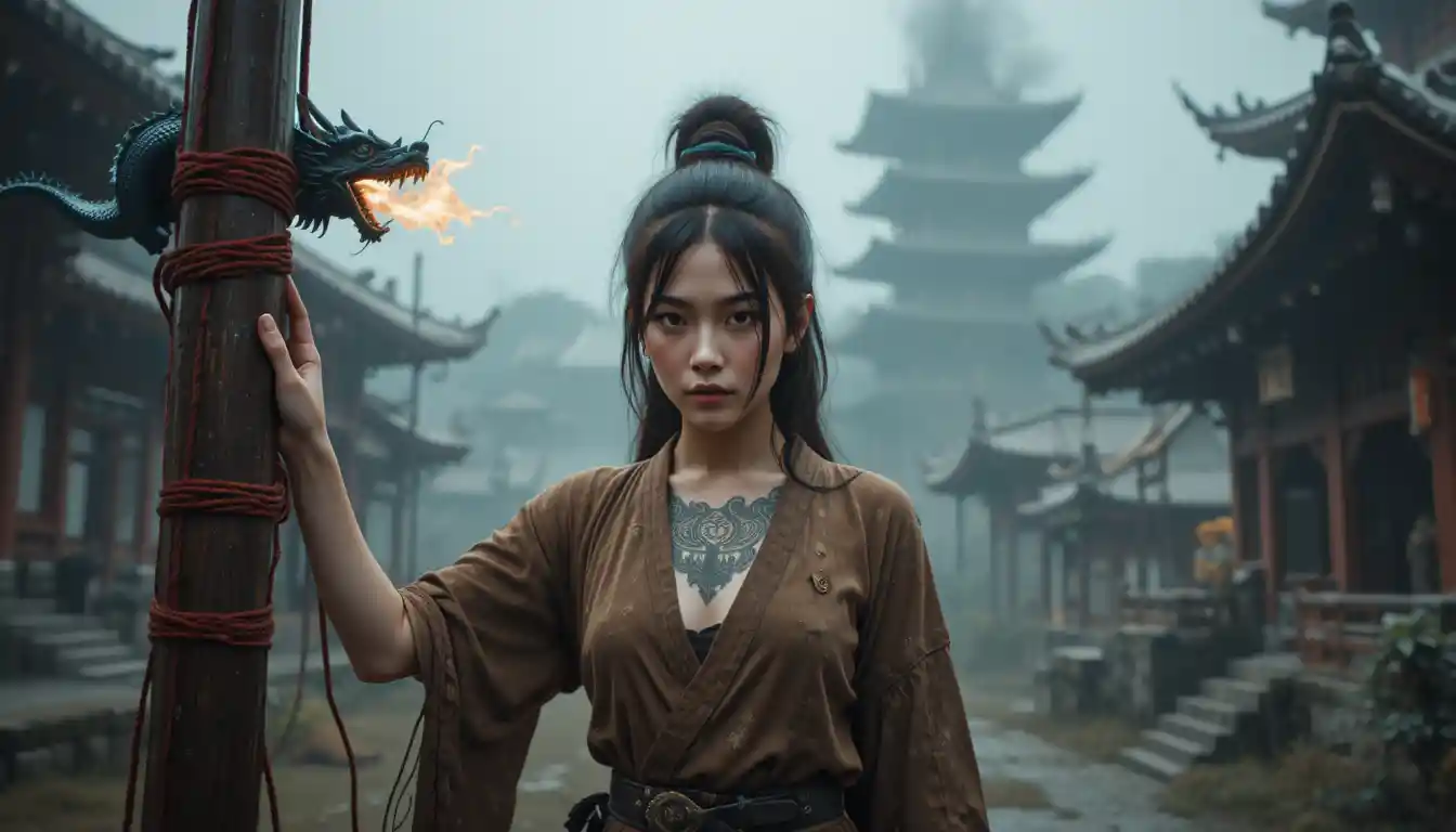 Japanese woman tied with red ropes before a dragon