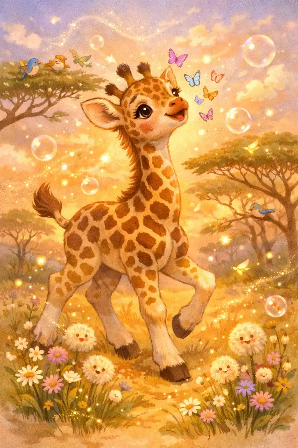 Baby giraffe exploring a warm sunset savanna scene