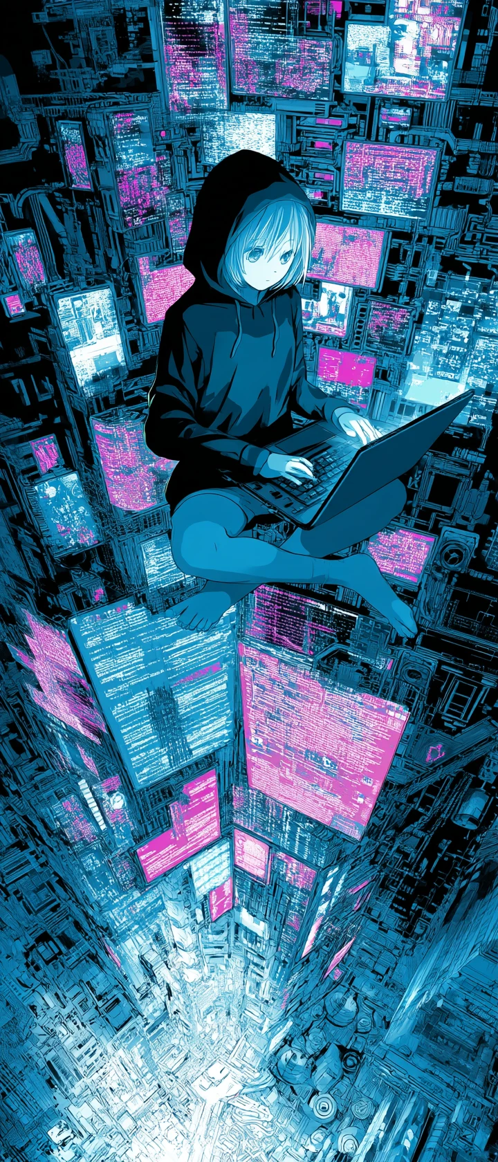 Anime hacker girl with towering code panels in city