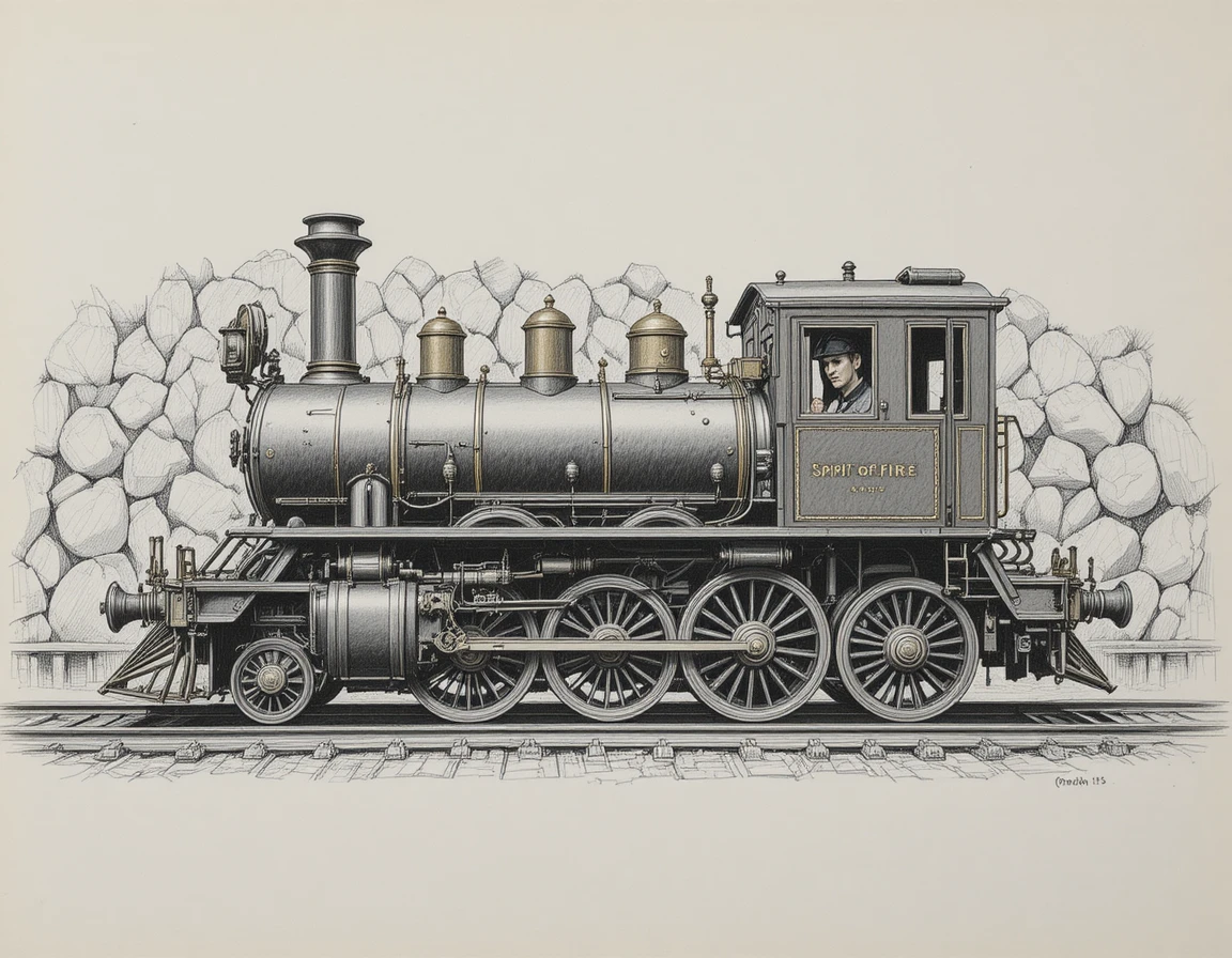 Vintage steam locomotive on tracks before a rocky wall